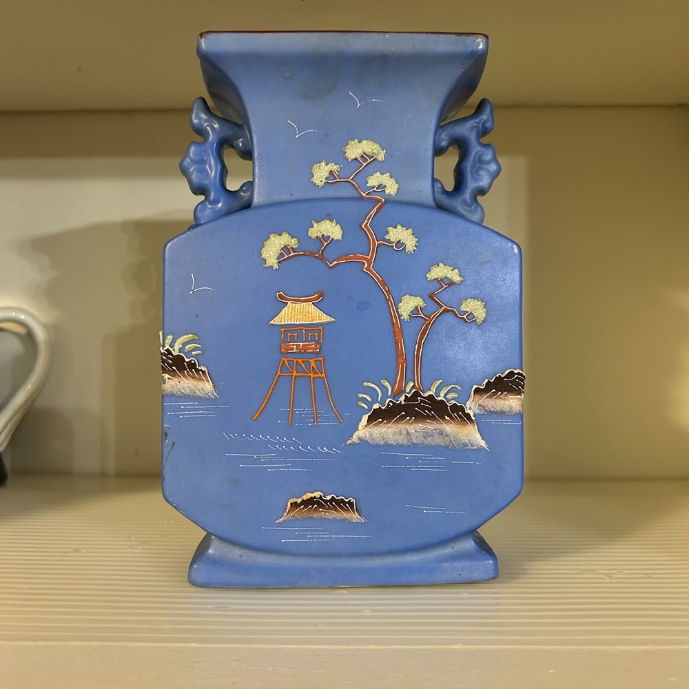 Antique Blue Ceramic Vase with Scenic Design